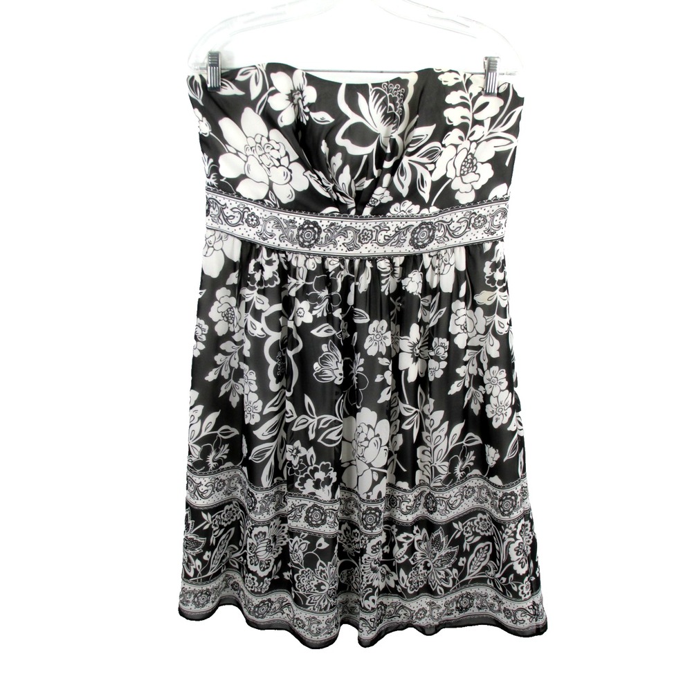 White House Black Market Midi Party Dress Women 12 Black White Floral Strapless